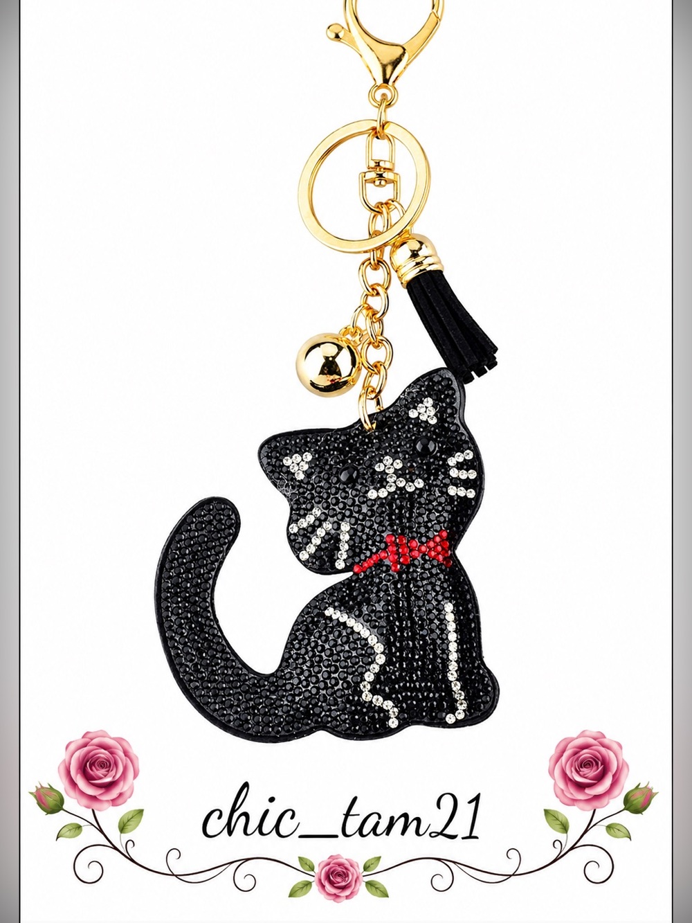 Chic Cat Crystal Keychain Charm - Black